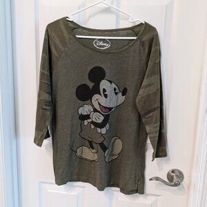 Disney Mickey Mouse Army Camo 3/4 Sleeve Top Olive Green Size XL